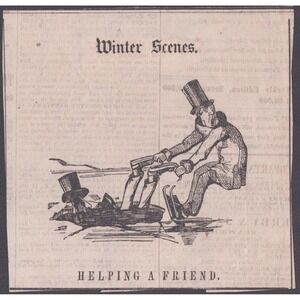 1850s Saturday Evening Post Winter Scenes Helping a Friend Antique Woodcut Print